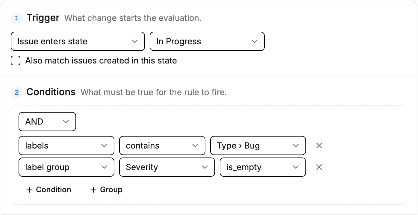 The LineGuard rule builder: trigger 'Issue enters state In Progress'; conditions 'labels contains Type › Bug' AND 'label group Severity is_empty'.
